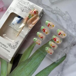 Almond Press on Nails French Tip Fake Nails Short Almond False Nails with Cute Frog Green Tip Designs Glue on Nails Nude Pink Stick on Nails Cute Acrylic Nails Full Cover Glossy Artificial Nails