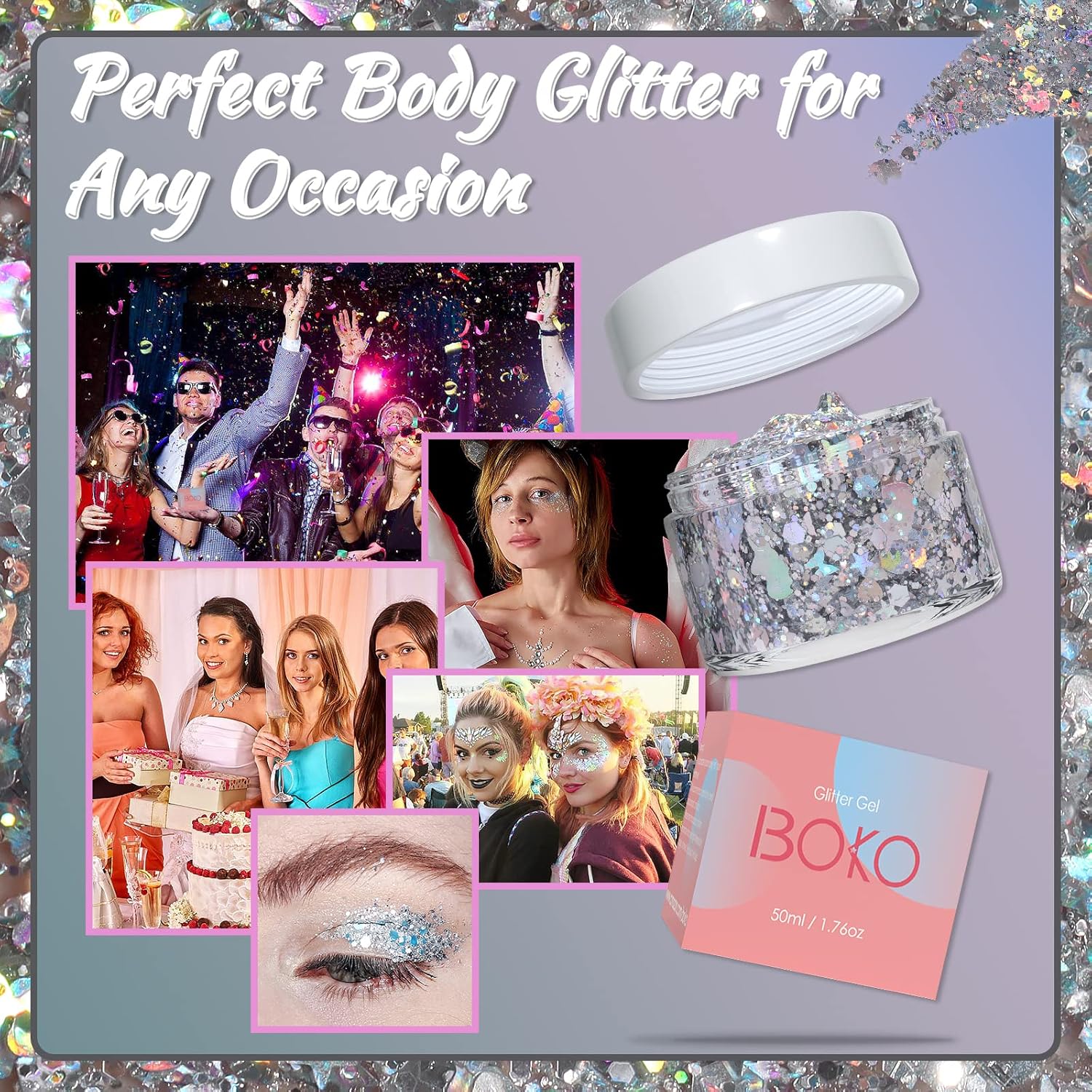1.76oz Holographic Silver Glitter Gel for Face, Hair, and Body Makeup - Image 5