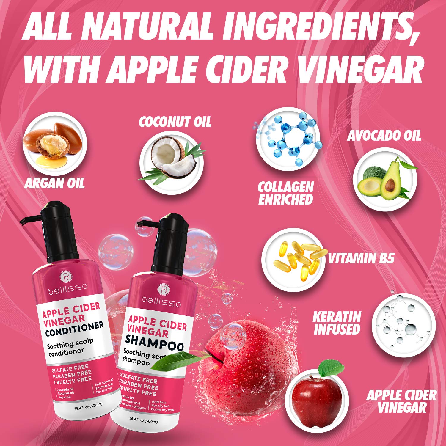 BELLISSO Apple Cider Vinegar Shampoo, Conditioner, Hair Mask, and Serum 4-Piece Set - Large Size - Image 6