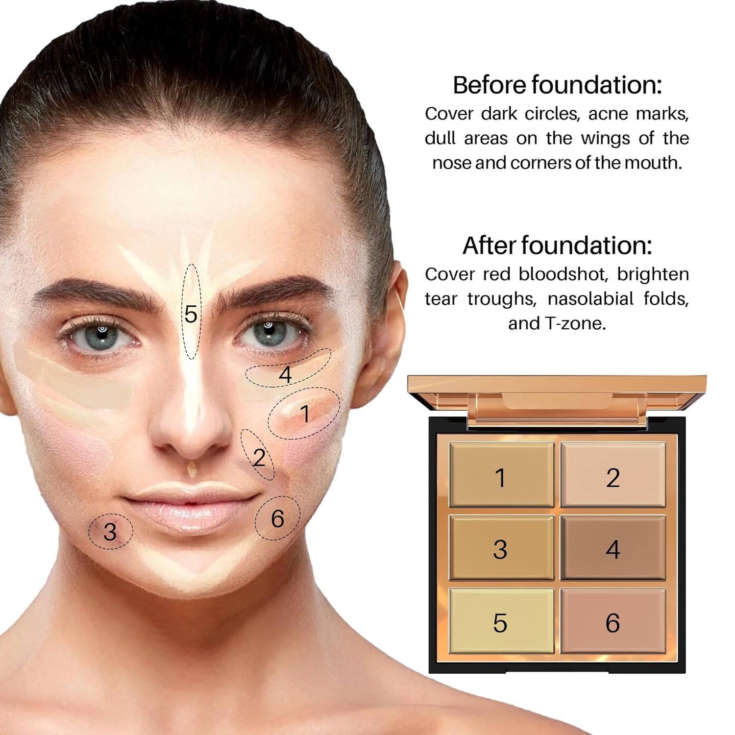 FV 6 Colors Cream Concealer Palette for Dark Circles, Redness, Acne, 01 Light Shade - Image 3