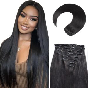 Clip in Hair Extensions Real Human Hair, 16 Inch 90g, 1B Natural Black, Invisible Seamless Straight Remy Human Hair Clip in Extensions for Women 8pcs Per Set with Double Weft