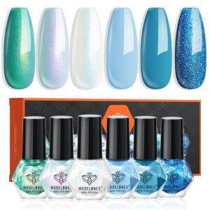 modelones Blue Nail Polish Set, 6 Colors White Green Glitter Pearl Mermaid Quick Dry Mini Starter Kit, Long Lasting Art DIY Manicure Set at Home for Women Girls