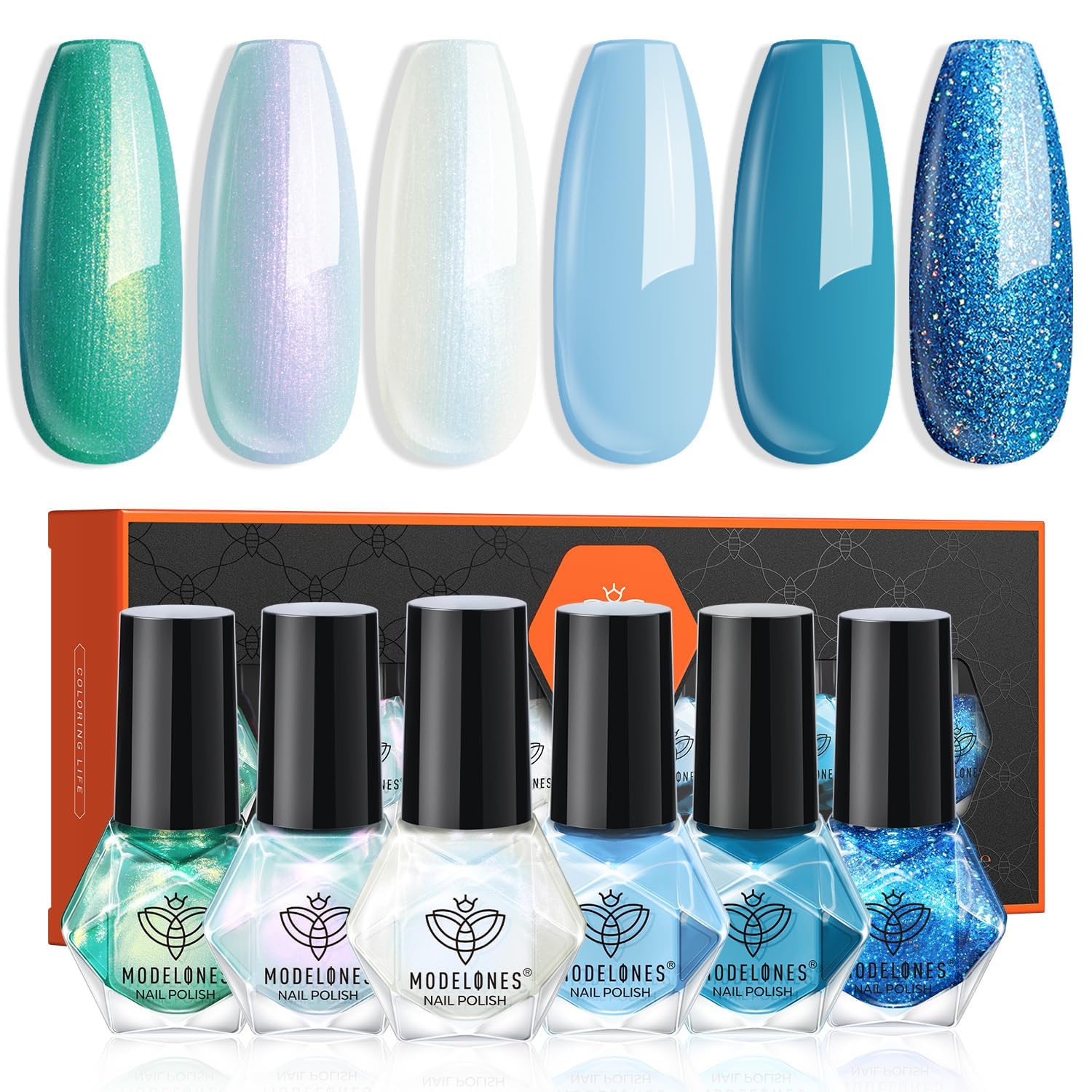 modelones Blue Nail Polish Set, 6 Colors White Green Glitter Pearl Mermaid Quick Dry Mini Starter Kit, Long Lasting Art DIY Manicure Set at Home for Women Girls