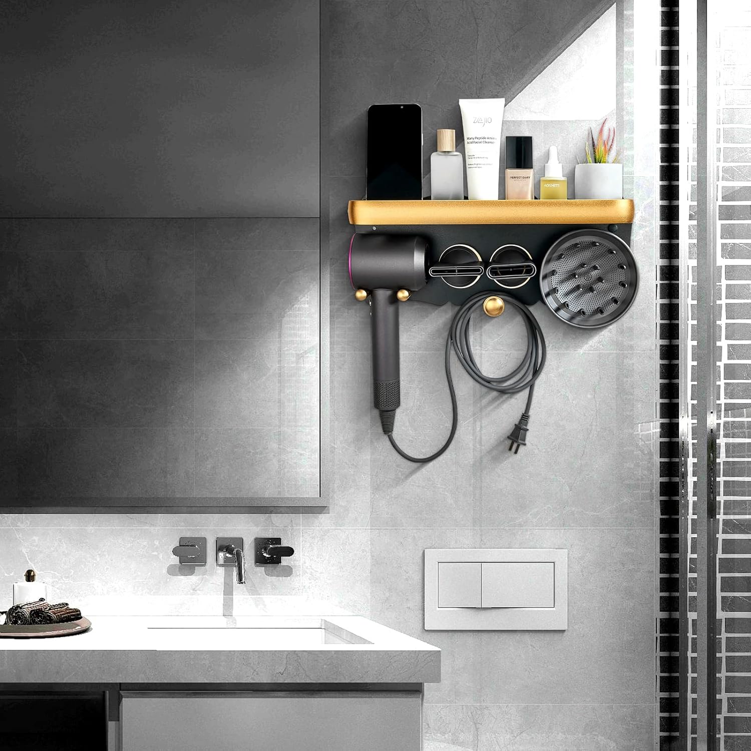 Dyson Hair Dryer Wall Mount with Storage Shelf for Accessories and Bathroom Organizer - Image 2