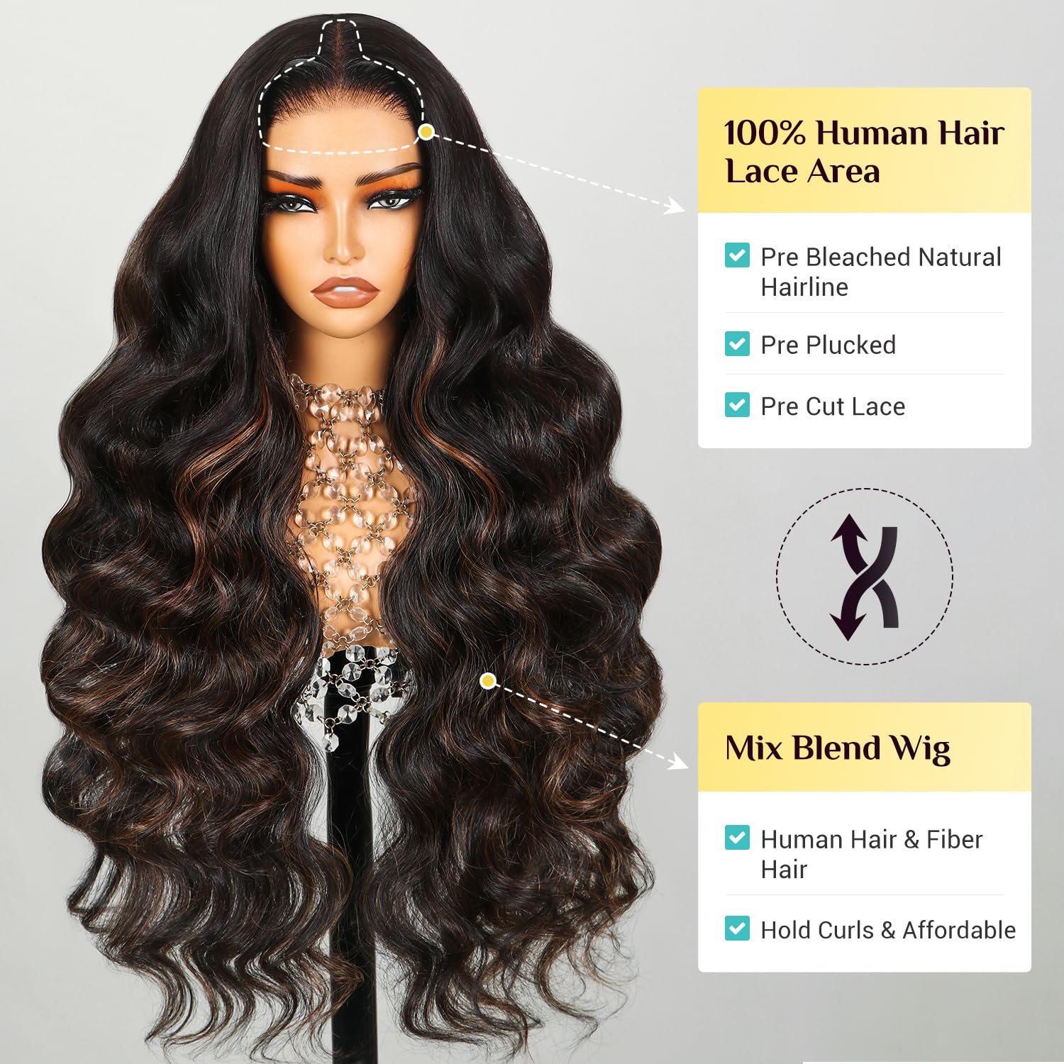 TESLAL 22 Inch 260% Density Body Wave Glueless Pre Cut Lace Wig with Highlights - Image 7
