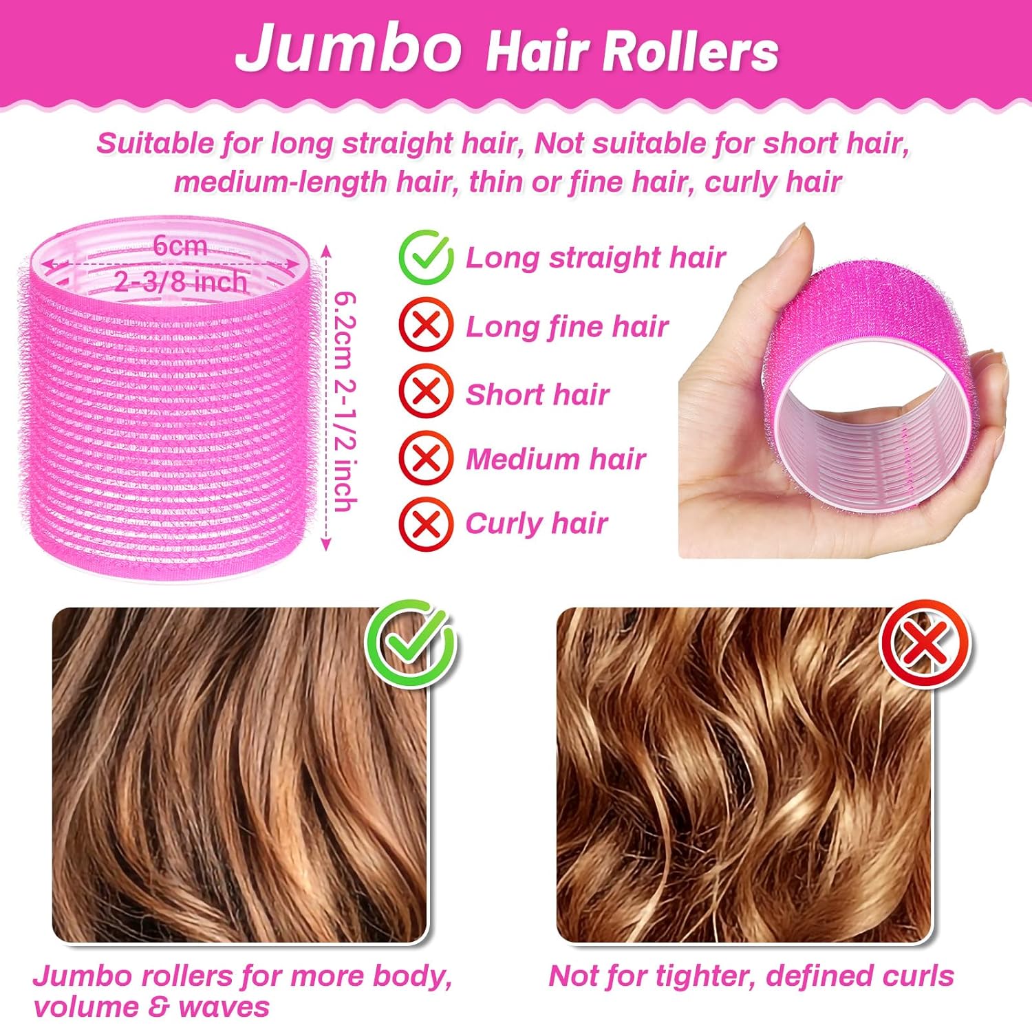 Jumbo 60mm Self Grip Hair Curlers Rollers Set, 12 Pieces with Clips for Thick Hair - Image 2