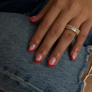 30Pcs Red French Tip Press on Nails Short Square Nails Press ons, Short Fake Nails Coffin Acrylic French Glue on Nail False Nail for Women Natural15 Sizes