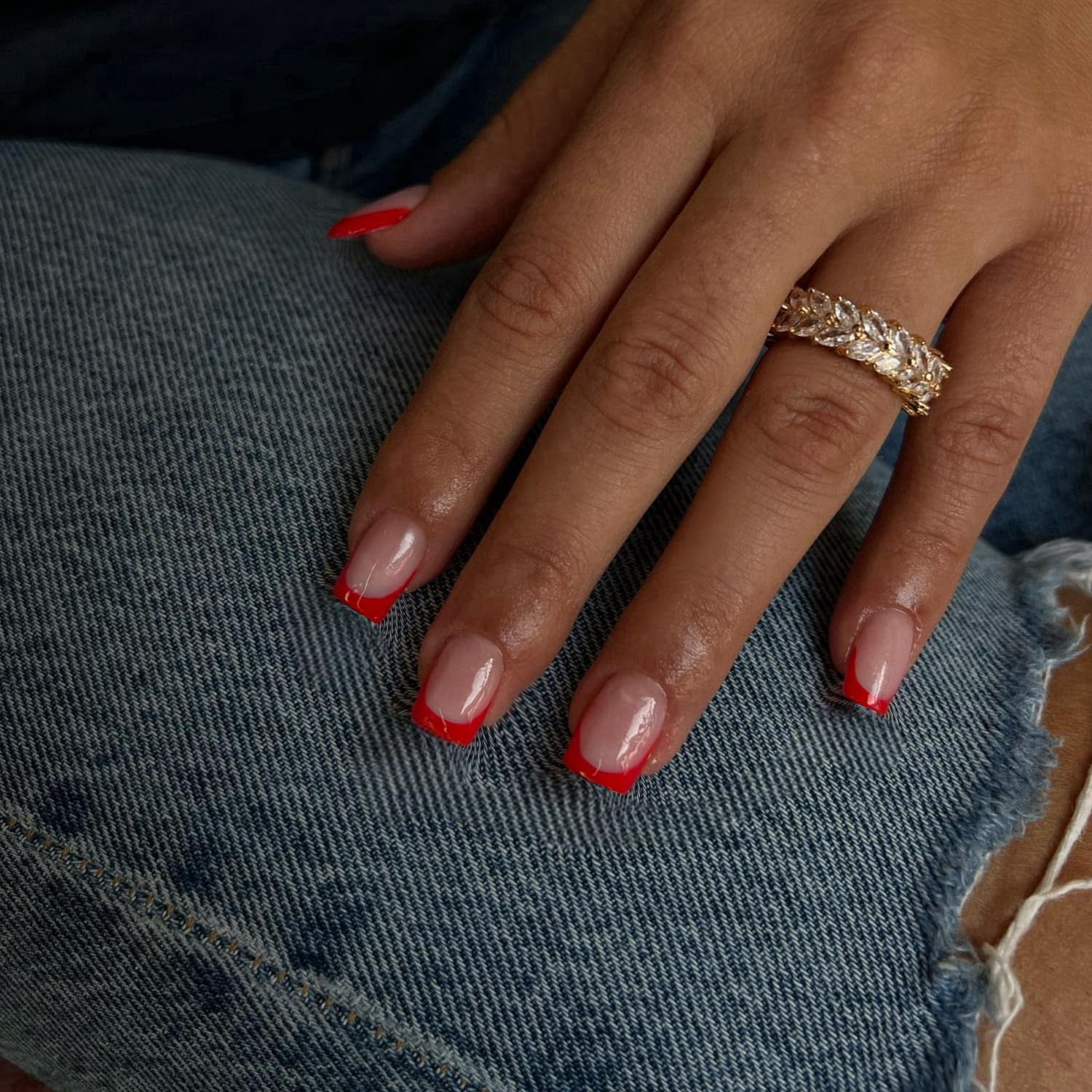 30Pcs Red French Tip Press on Nails Short Square Nails Press ons, Short Fake Nails Coffin Acrylic French Glue on Nail False Nail for Women Natural15 Sizes