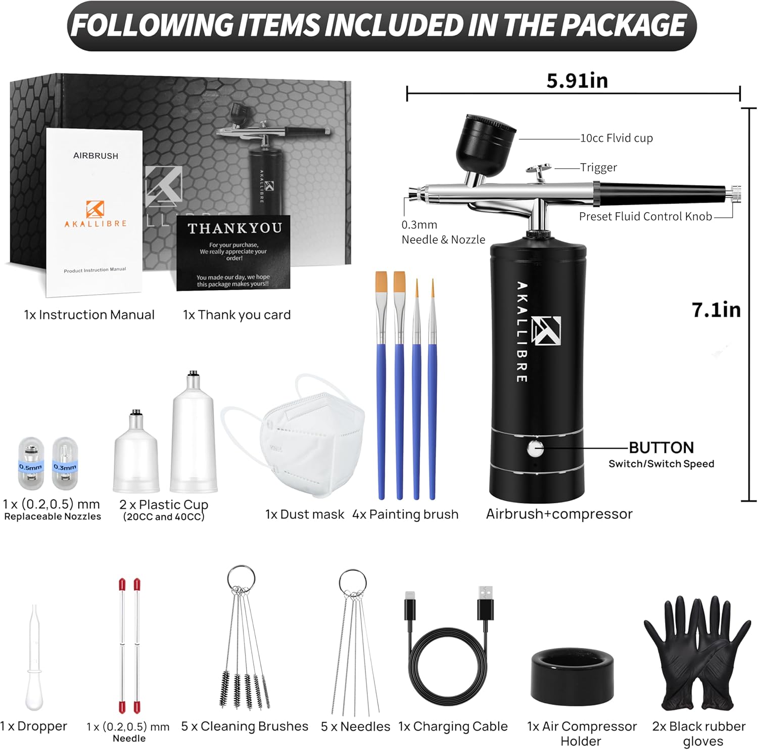 AKALLIBRE Portable Airbrush Kit with Compressor and 3 Nozzle Sizes for Art - Image 2
