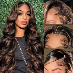 Highlight Ombre Lace Front Wig Human Hair 28 Inch 1B/30 Body Wave HD Lace Front Wigs Human Hair Pre Plucked 13x4 180 Density Frontal Glueless Balayage Wig Human Hair with Baby Hair
