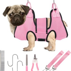 PatiencET Dog Grooming Hammock, Pet Grooming Hammock for Cats & Dogs with Security Strap, Dog Sling for Nail Trimming with Nail Clippers/Trimmer, Nail File, Pet Comb(Pink S)