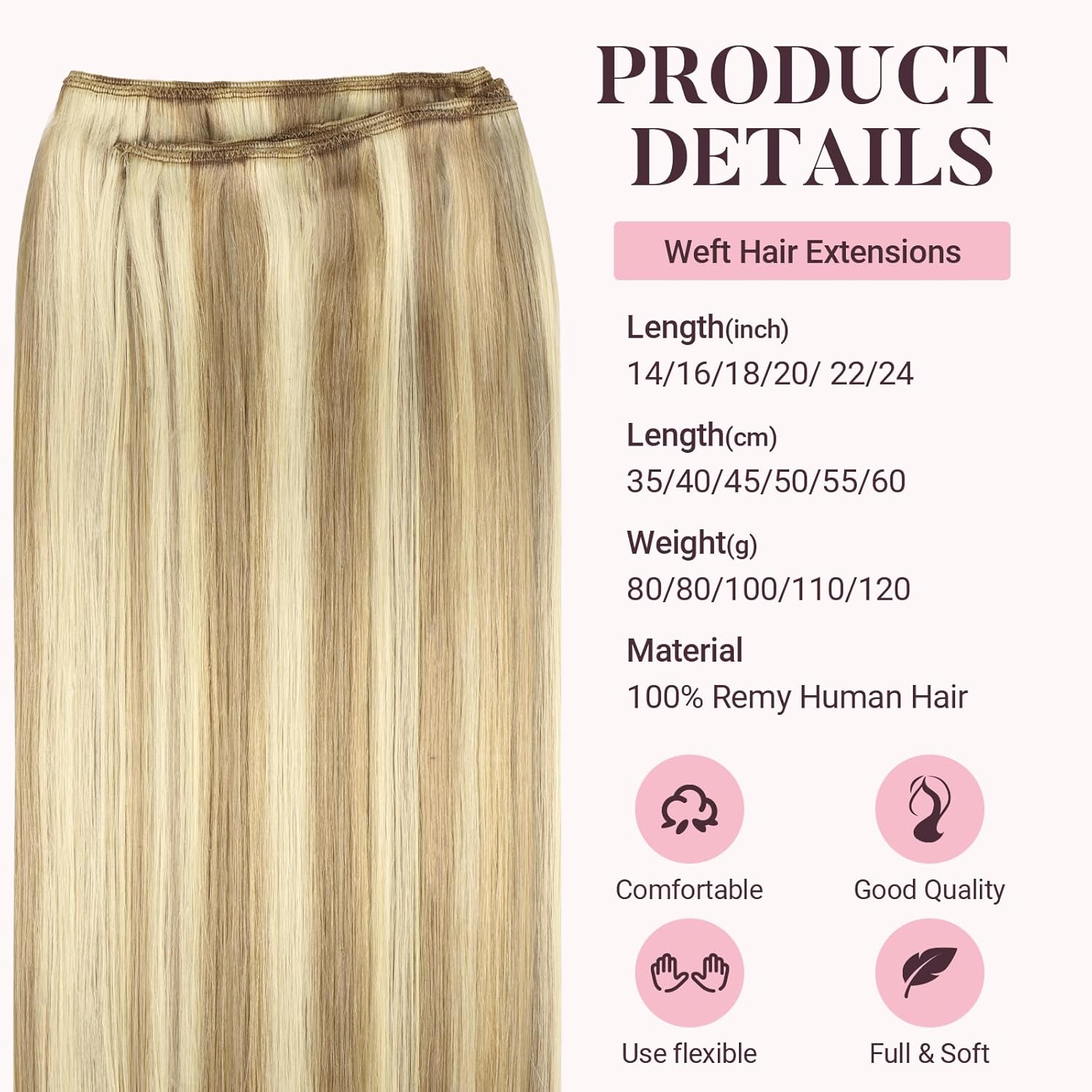 MAXITA 16 Inch Light Blonde Highlights Sew In Human Hair Extensions 80g Double Weft - Image 2
