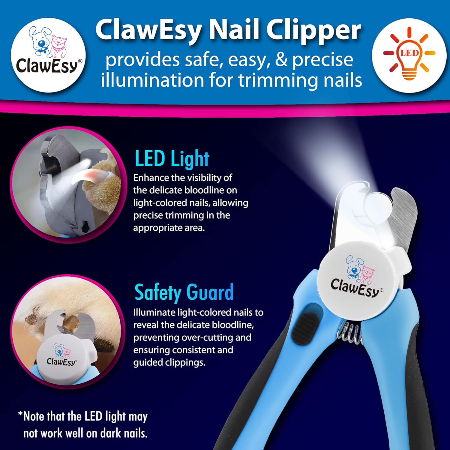 Blue Dog and Cat Nail Clippers with Built-in LED Light and Safety Guard, Stainless Steel Trimmer with Ergonomic Handle and Free Nail File - Image 4