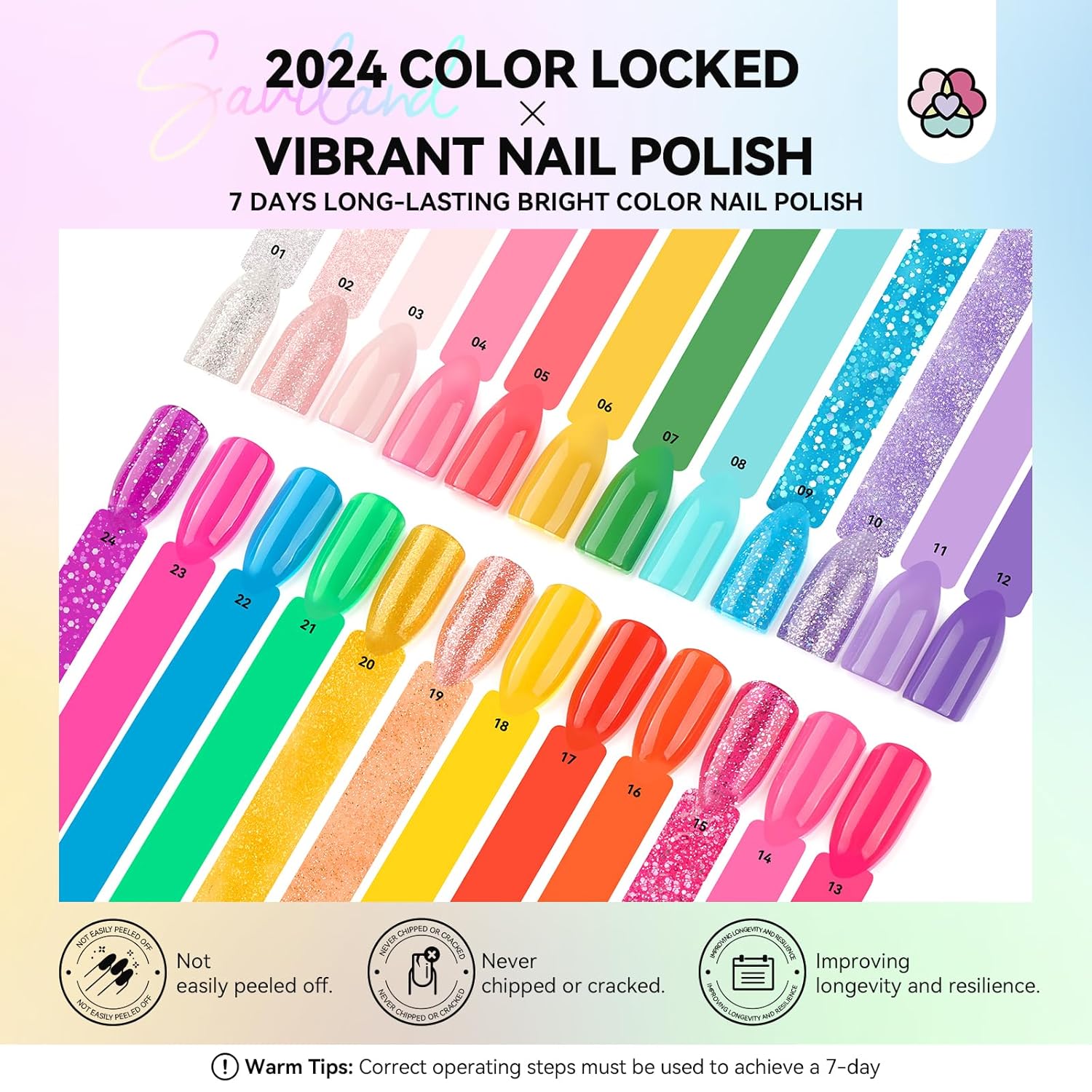 SAVILAND 24-Color Quick-Dry Nail Polish Set with Neon Glitter and Plant-Based Ingredients - Image 2