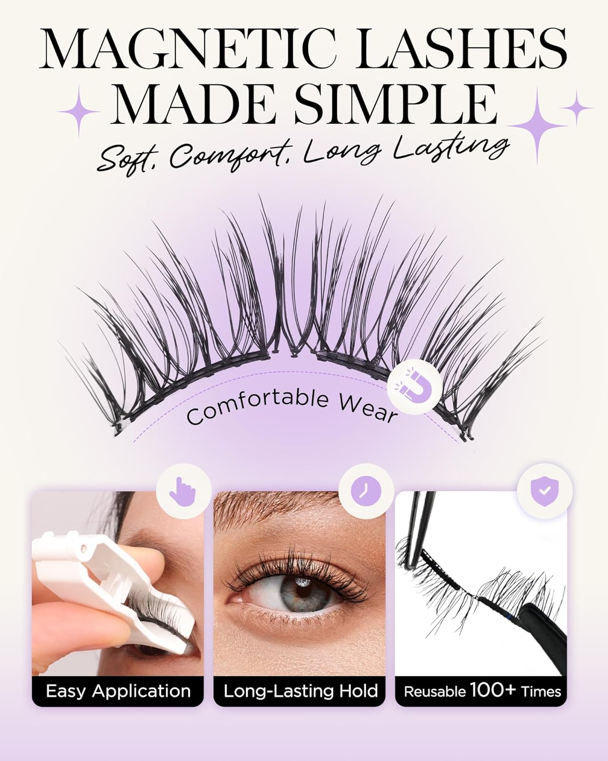 BEYELIAN Reusable Soft Magnetic Eyelashes Kit with Applicator 1 Pair SME03 Black - Image 2