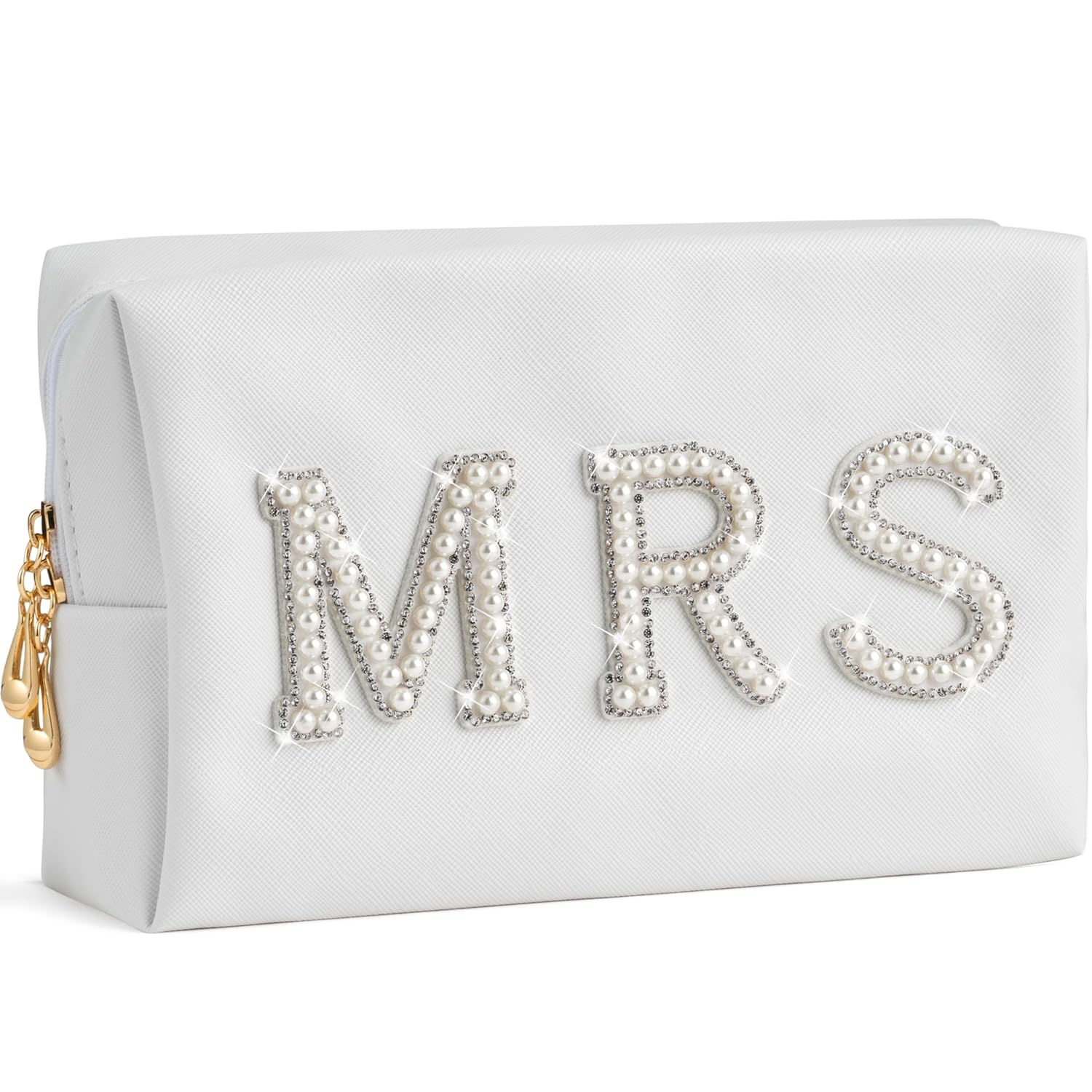 Y1tvei Bride Makeup Bag, Bridal Cosmetic Bag, Fiance Gifts for Women, Engagement Gift Basket for Her Bridal Shower, Mrs Bling Rhinestone Patches Wedding Purse, PU Leather Travel Toiletry Bag