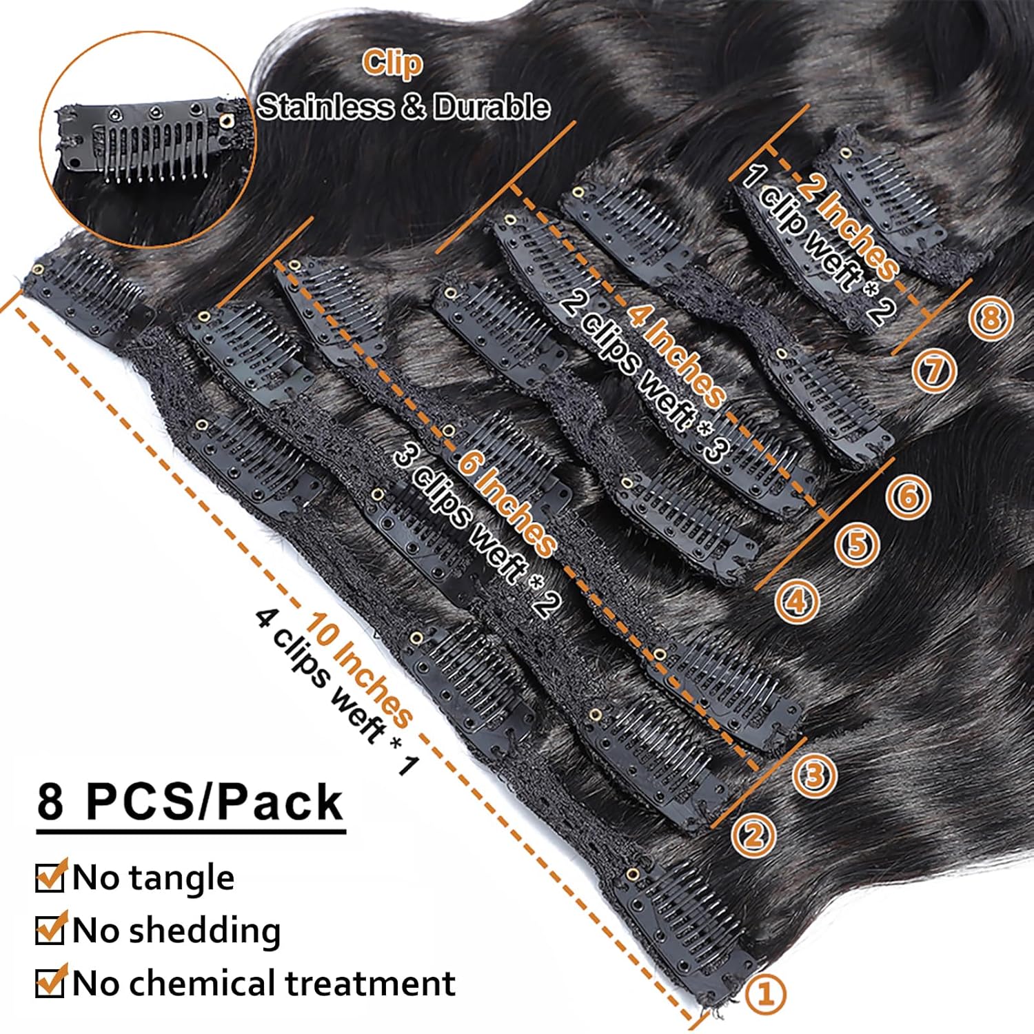 Remy 24 Inch Body Wave Clip-In Hair Extensions 100g 8Pcs Natural Black 1B - Image 4