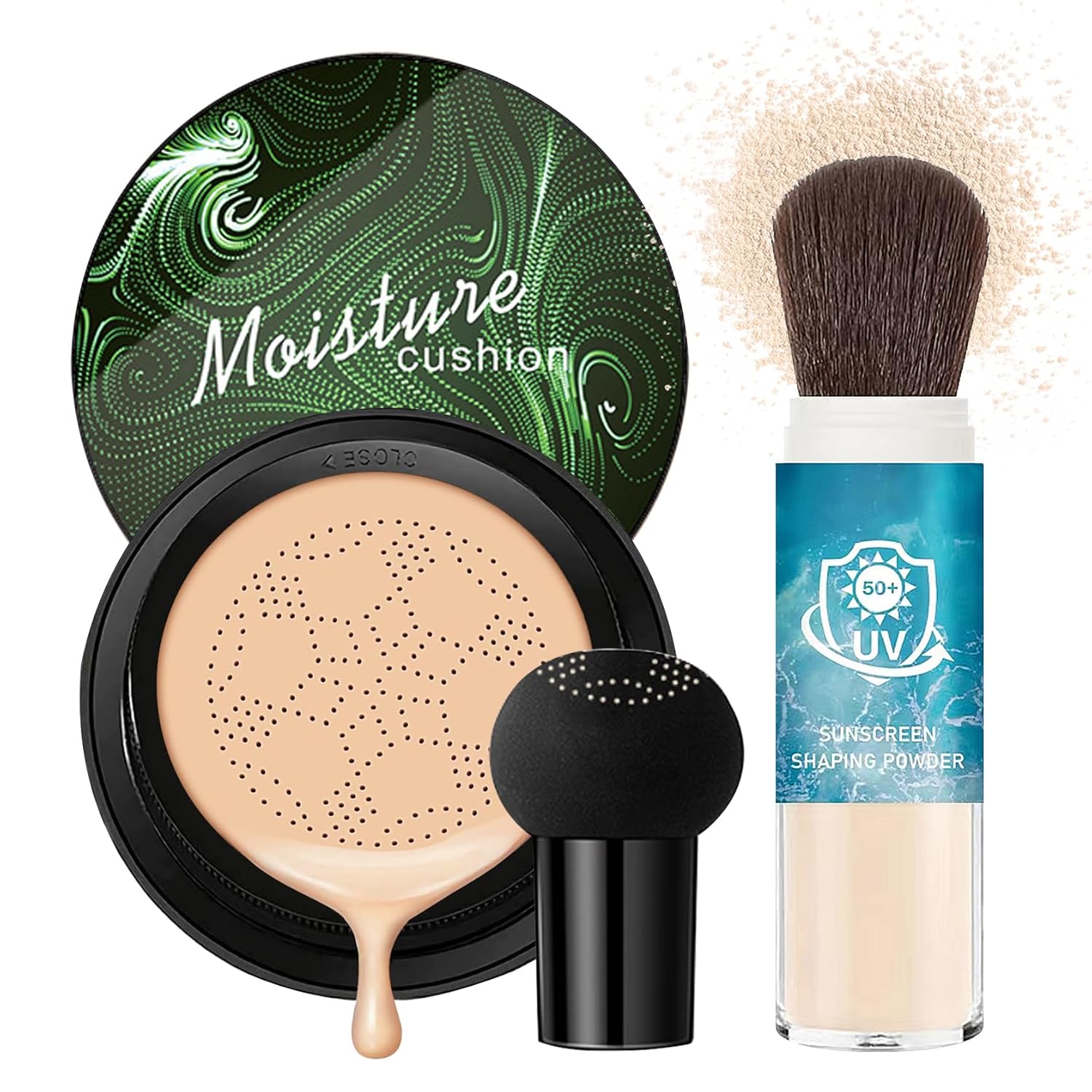Mushroom Head Air Cushion CC Cream Foundation Face Makeup Set with Lightweight Non-greasy Loose Setting Powder, Full Coverage Liquid Foundation Lasting Moisturizing BB Cream for All Skin Types(2PCS)