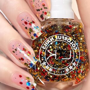 Colorful Chunky Glitter Nail Polish, Quick Dry Confetti Top Coat Polish, Clear Colorful Glitter Gel Nail Polish No UV Needed, Sparkly Nail Color for Women Girls DIY Party