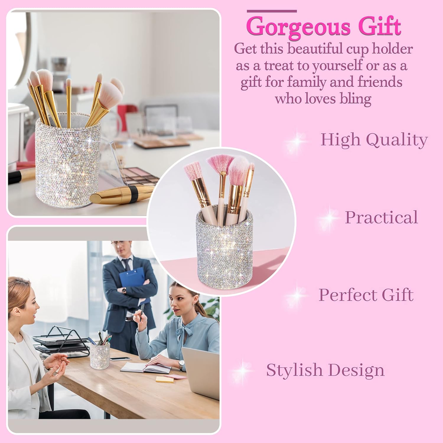 TISHAA Bling Cup Holder Organizer for Office Desk – Rhinestone Glitter Makeup Brush Storage Container - Image 4