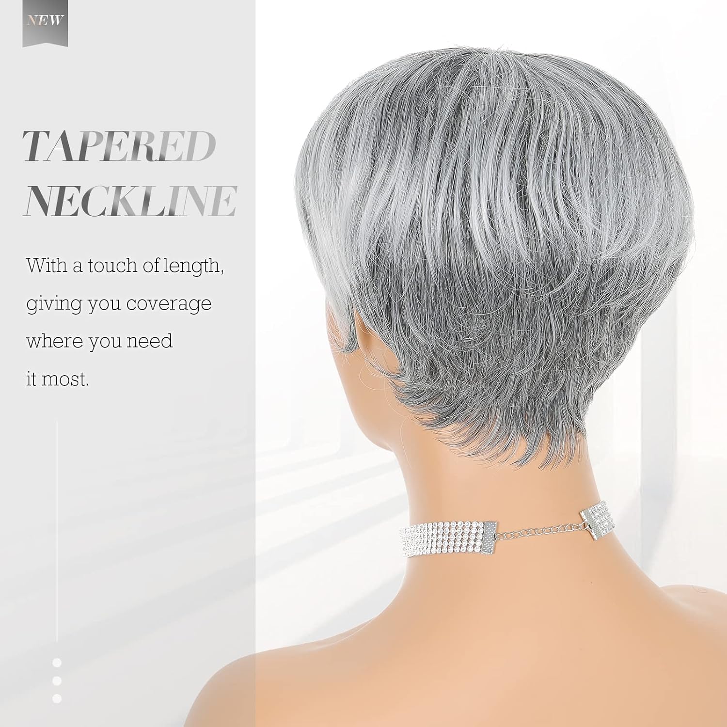 FESHFEN Ombre Gray to Black Pixie Cut Wavy Wig for Women Short with Bangs - Image 5