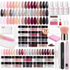 AZUREBEAUTY Dip Powder Nail Kit with Electric Nail Drill, 24 Colors Nude Pink Glitter Nail Powder Starter Kit with Dip Liquids Base Top Coat Activator Portable Manicure French Nail Art Essential Set