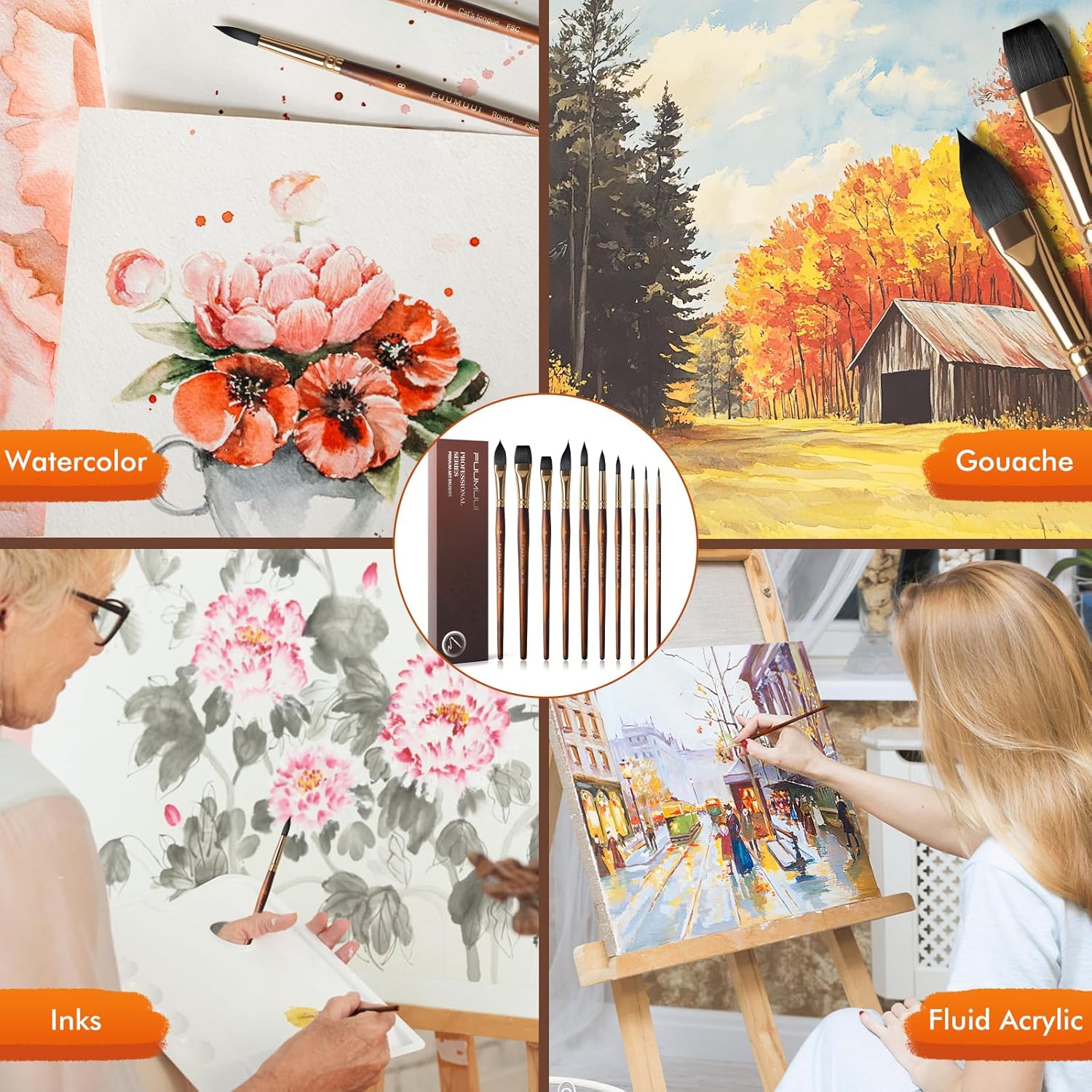 Fuumuui 10-Piece Professional Squirrel Hair Watercolor Brush Set for Artists - Image 8