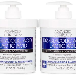 Advanced Clinicals 10% Glycolic Acid + Lactic Acid Lotion Exfoliant Moisturizing Cream With Hyaluronic Acid Moisturizer | AHA Exfoliating Body Cream Improves Look Of Uneven Rough Skin Texture, 2-Pack