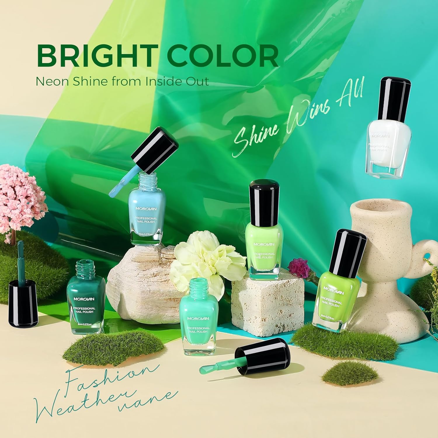 Morovan 4pc Quick Dry Nail Polish Set Turquoise White Blue Neon Lime for Nail Art - Image 2