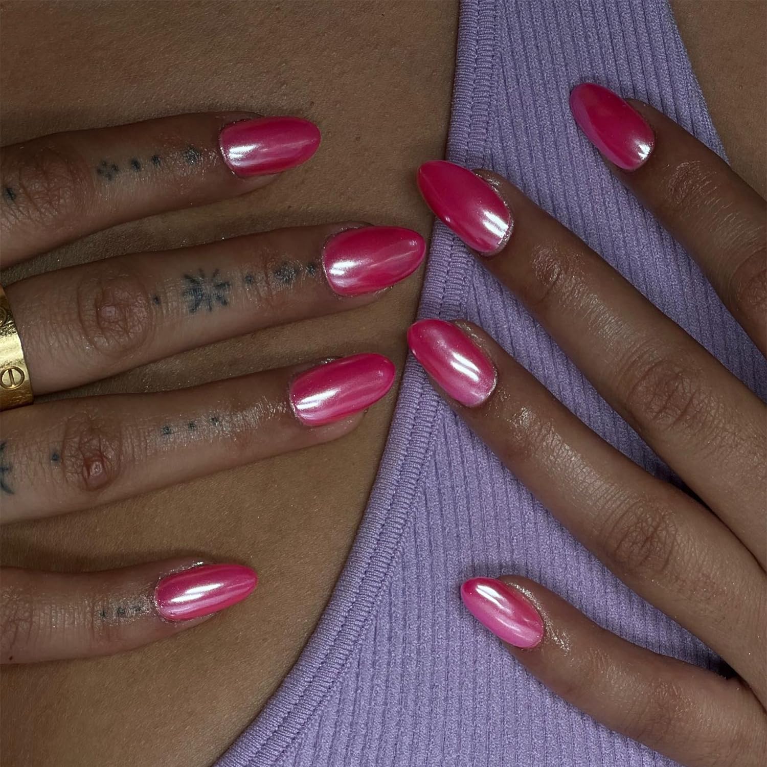 Hot Pink Chrome Medium Almond 24 Pcs Acrylic Press On Nails - Image 3