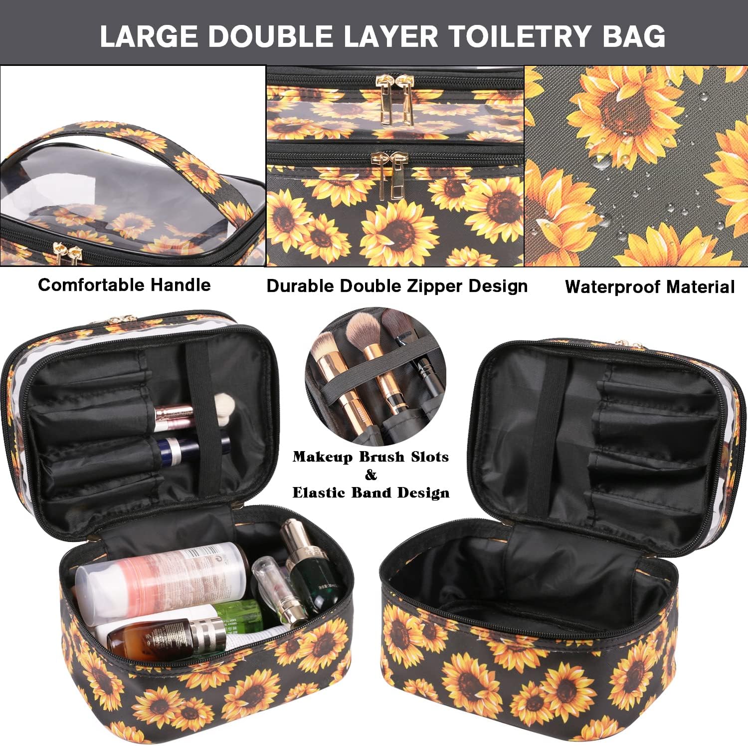 FITINI 3-Piece Waterproof Sunflower Makeup Bag Set Double Layer Travel Cosmetic Organizer Pouches for Women - Image 4