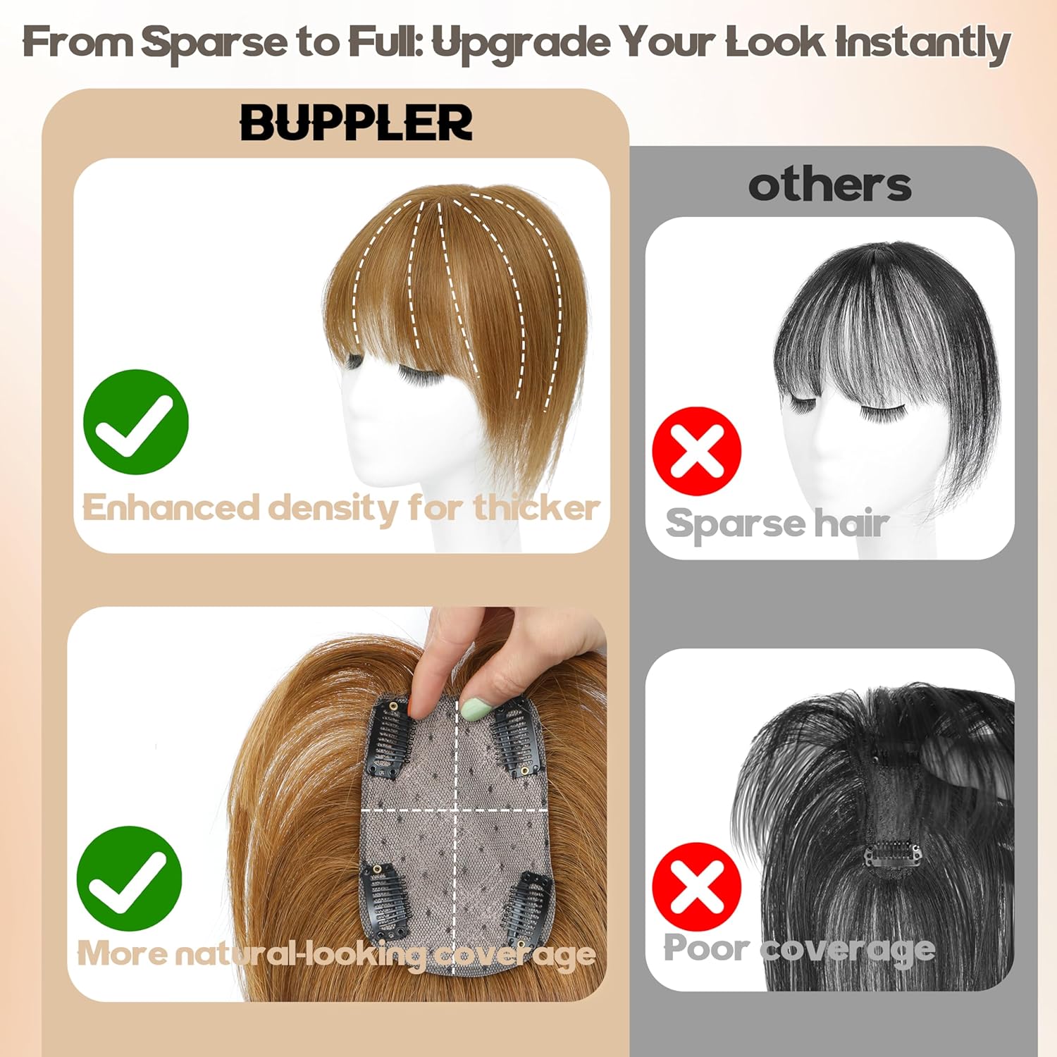 Real Human Hair U-Shape Clip-In Topper with Bangs, 150% Density, Light Brown, 13 Words - Image 4