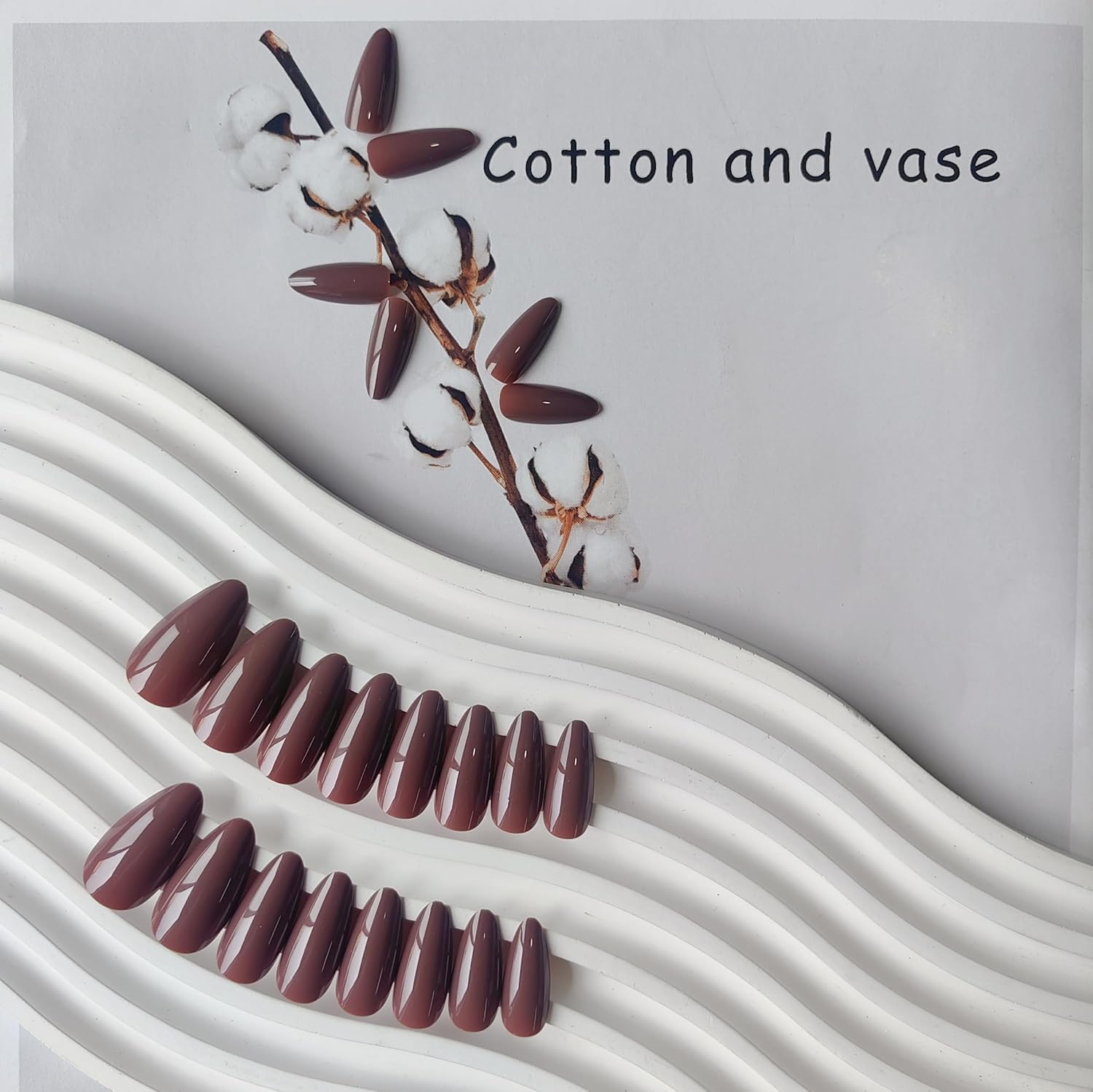 Brown Almond Shaped Medium Length Press On Nails for Women, 24 Piece Set - Image 4