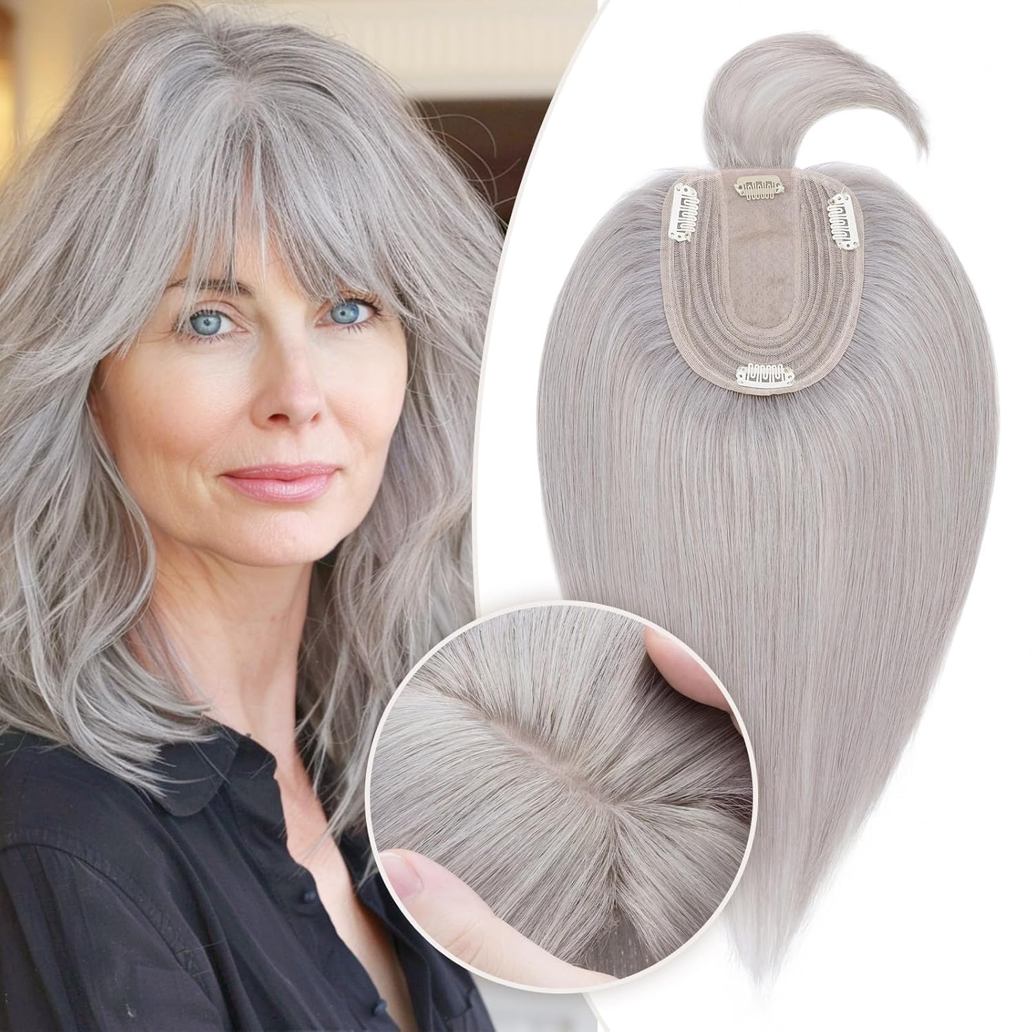 Rich Choices Real Human Hair Toppers for Women With Bang 100% Remy Human Hair Topper for Thinning Hair Clip in Silk Base Hair Topper 12 Inch GREY