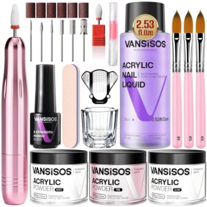 Professional Acrylic Nail Kit With Drill: Clear White Pink Powder and Liquid Set, Brushes for Nail Extension Application 0.5oz