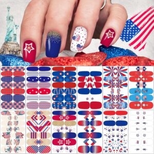12 Sheets 4th of July Nail Wraps Stickers, Independence Day Full Nail Polish Strips, Memorial Day DIY Self-Adhesive Nail Art Decals Patriotic American Flag Pattern Decor with 2 Piece Nail Files (168 Pieces)