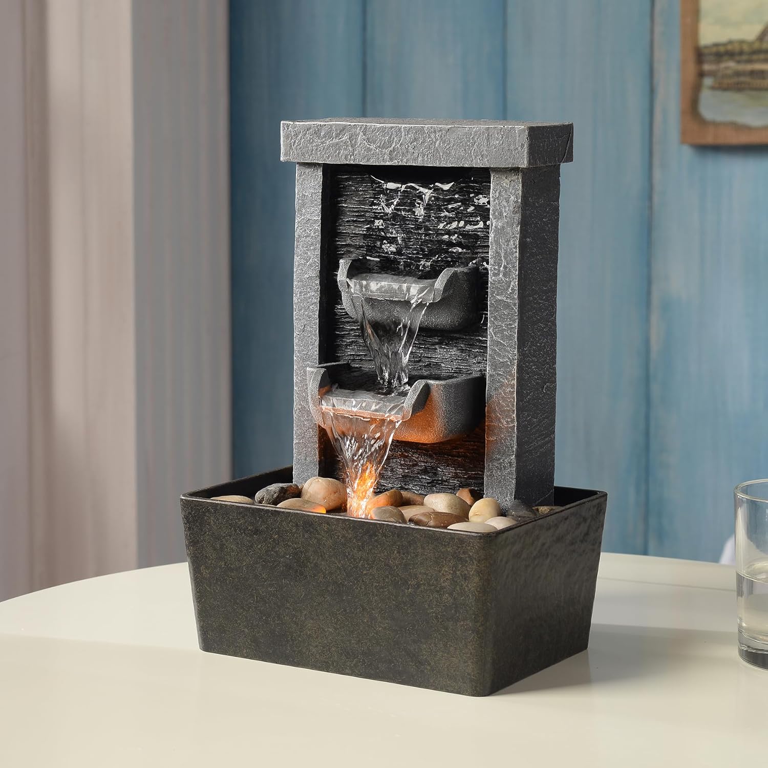 GOSSI 10.3 inch Indoor Waterfall Fountain with Reflective Lighting and River Rocks for Home and Office Decor - Image 3