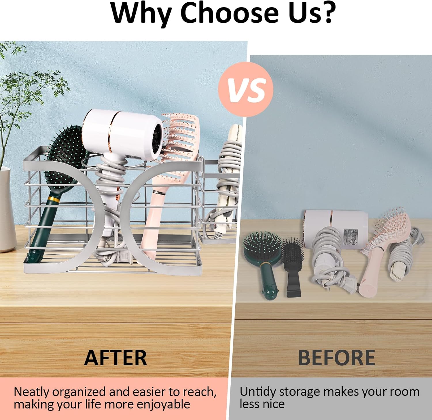 Light Gray Elegant Wall Mounted Hair Dryer Holder Bathroom Organizer for Dryer, Straightener, Brushes - Image 6