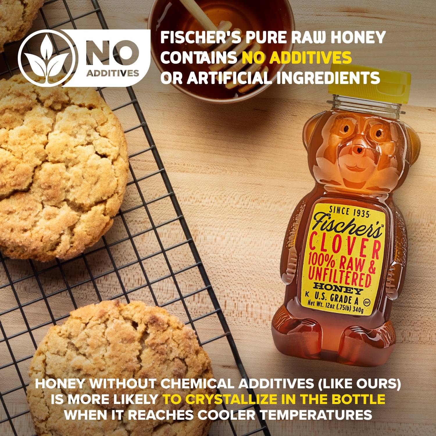 Fischer's 12 Oz 100% Pure Raw Unfiltered Clover Honey Squeezable Bear Bottle - Image 6