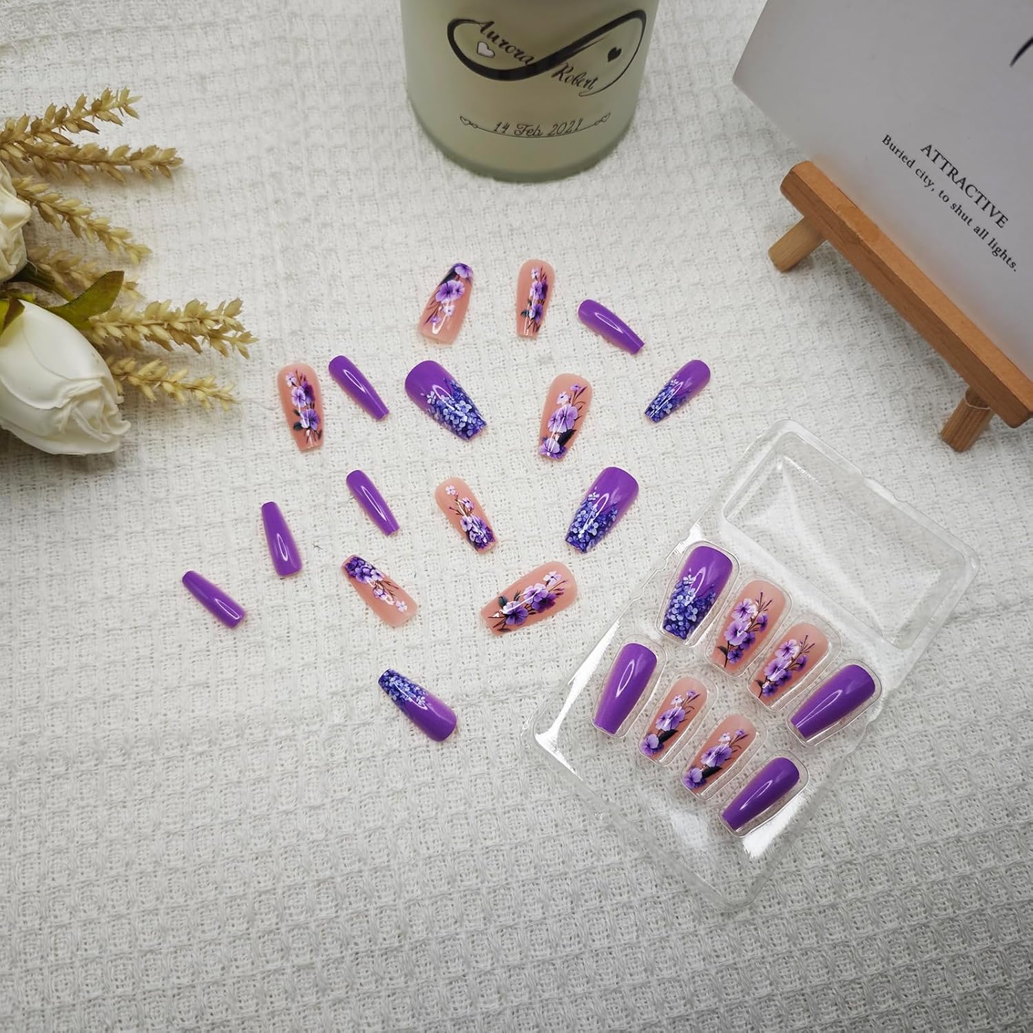 24Pcs Long Square Purple Press on Nails with Flower Design for Women and Girls - Image 4