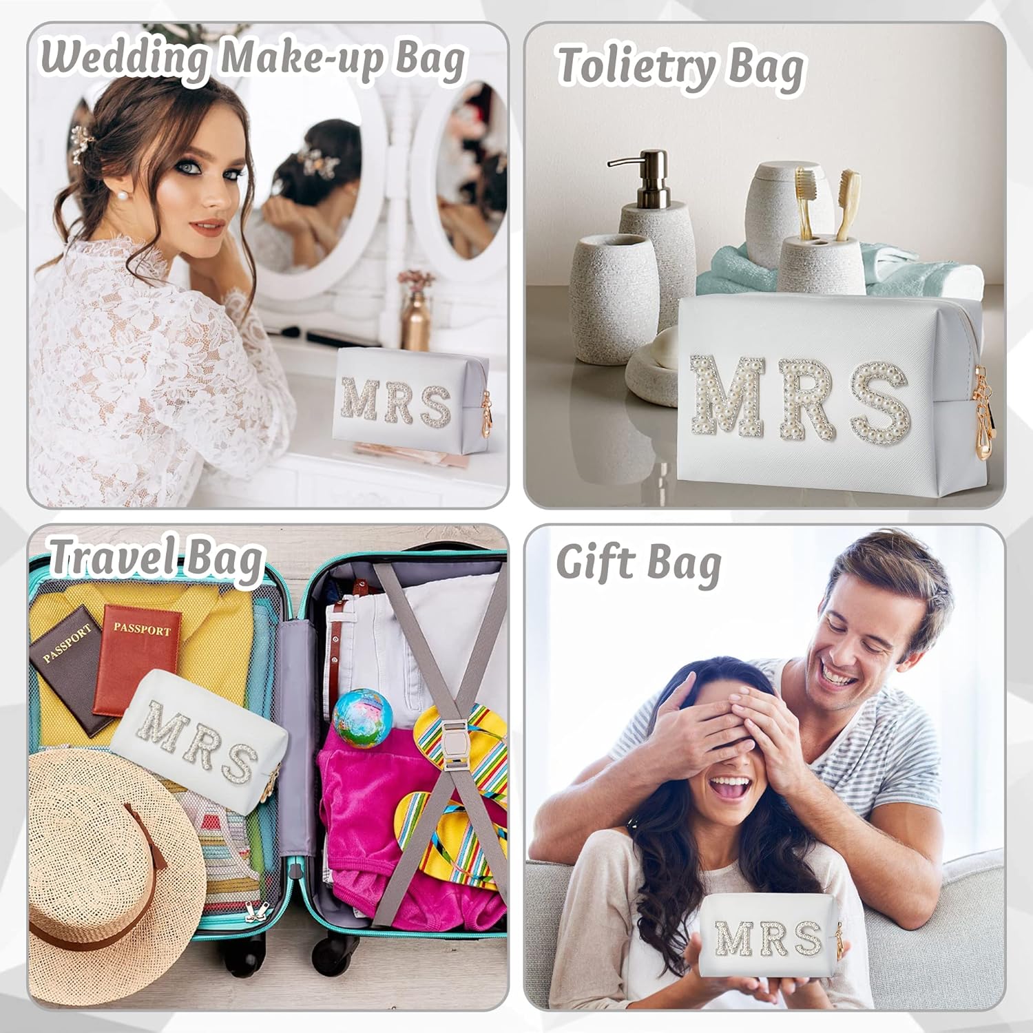 Y1tvei Bridal Makeup Bag with Rhinestone Patches, PU Leather Travel Toiletry Bag for Engagement Gifts - Image 5