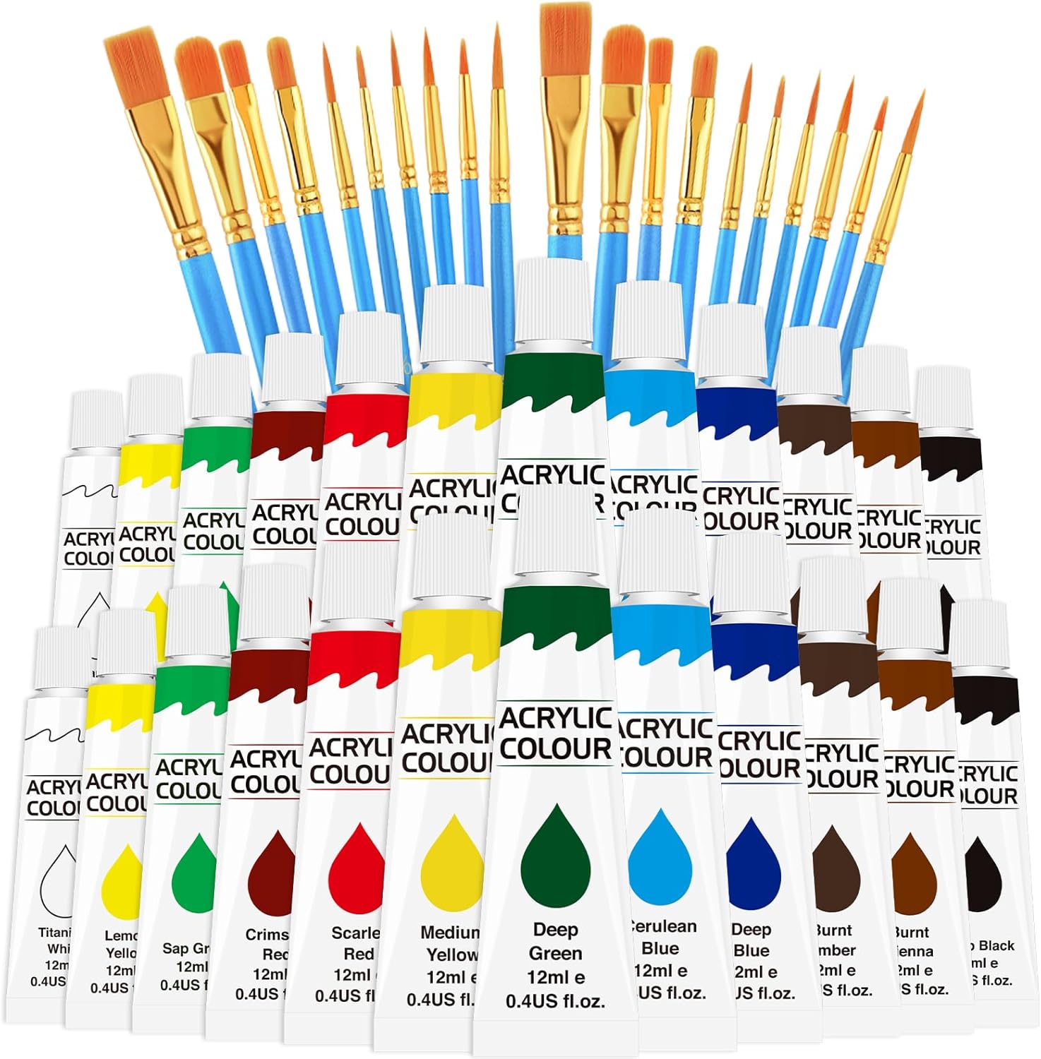 ESRICH Acrylic Paint Set 12 Colors(2 Pack)with 20 Paint Brushes,24 Acrylic Paints for Adults,Kids,Beginner,Professional Artists,Non-Toxic Craft Paint kit for Paper,Canvas,Rock,Wood,Ceramic
