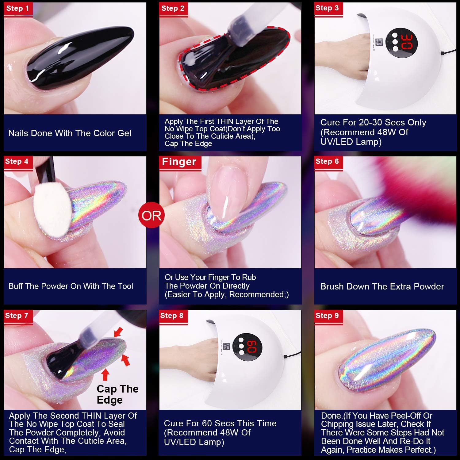 3pc Holographic Nail Powder Set with Sponge Tool, 0.04oz Each, Fine Glitter for Nail Art - Image 7