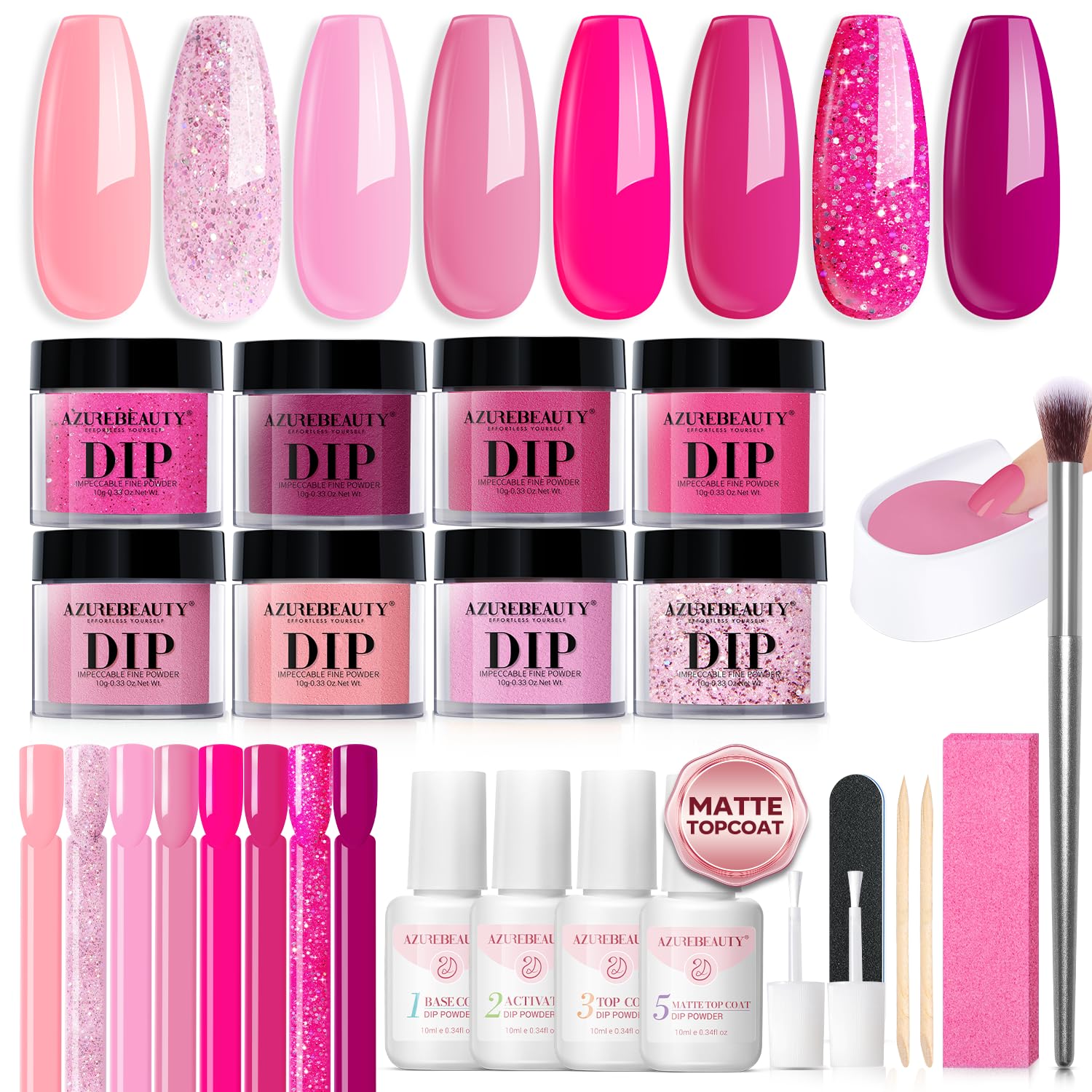 AZUREBEAUTY Dip Powder Nail Starter Kit with Matte Coat, 8 Hot Pink Glitter Neon Summer Color, Dipping Powder Liquid Set with Base/Top Coat/ Activator/10 Nail Sticks Salon at Home