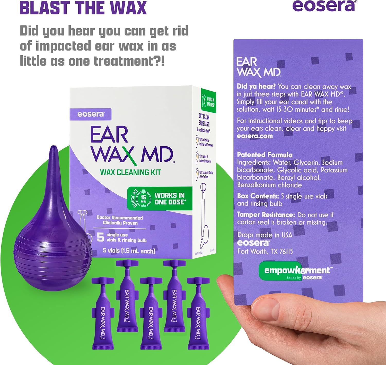 Eosera® Ear Wax MD® Cleaning Kit with Ear Wax Removal Drops and Rinse Bulb for Adults and Kids - Image 2