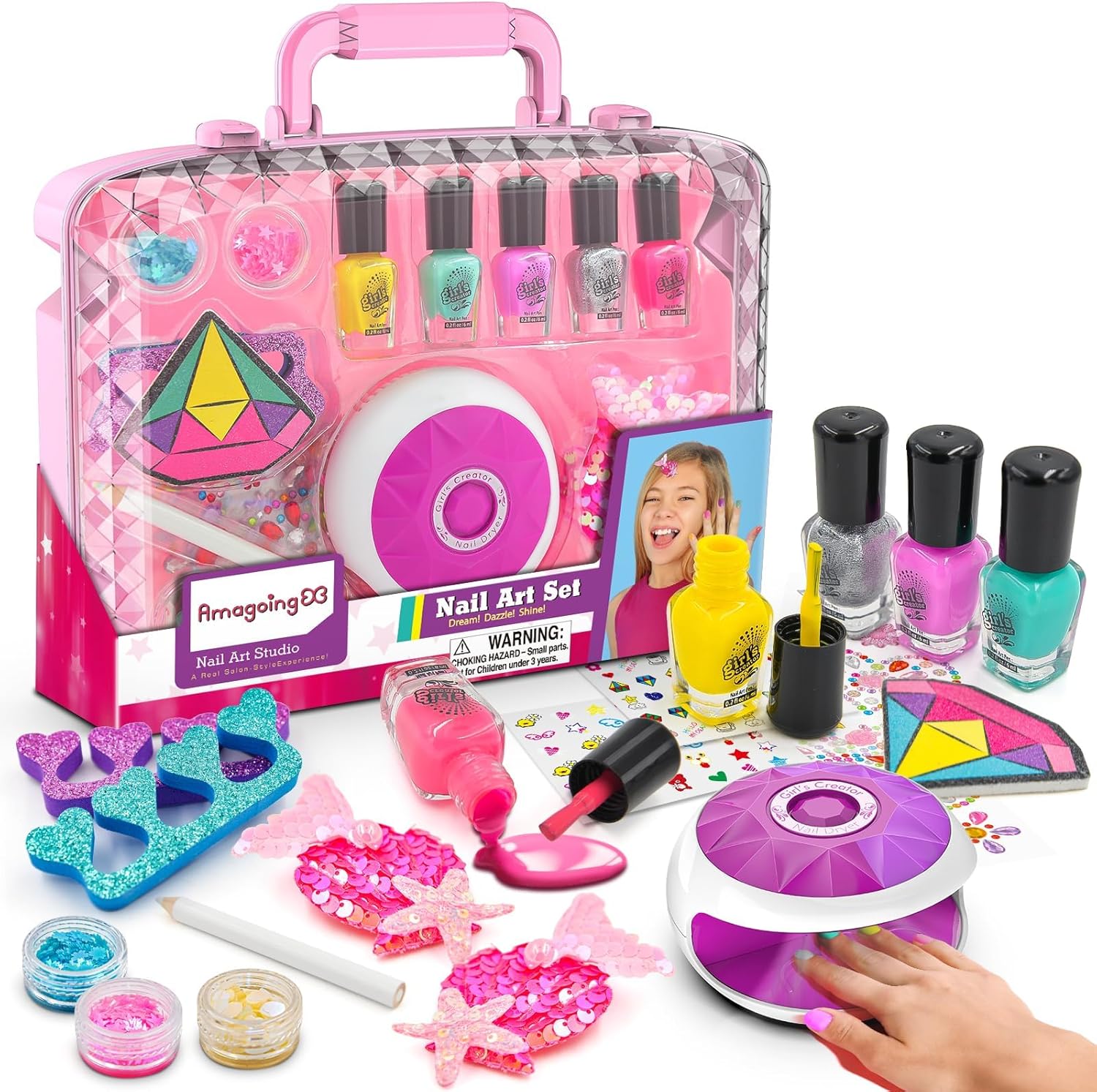 Amagoing 12-Piece Non-Toxic Kids Nail Polish Art Kit with Nail Dryer and Mermaid Hair Clip, Ages 5-8 - Image 8