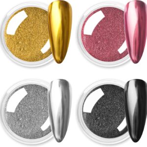 Allstarry Gold and Silver Chrome Nail Powder, 4 Colors Metallic Effect Mirror Chrome Powder Pigment Holographic Manicure Pigment Gold Siver Pink Chrome Nail Glitter