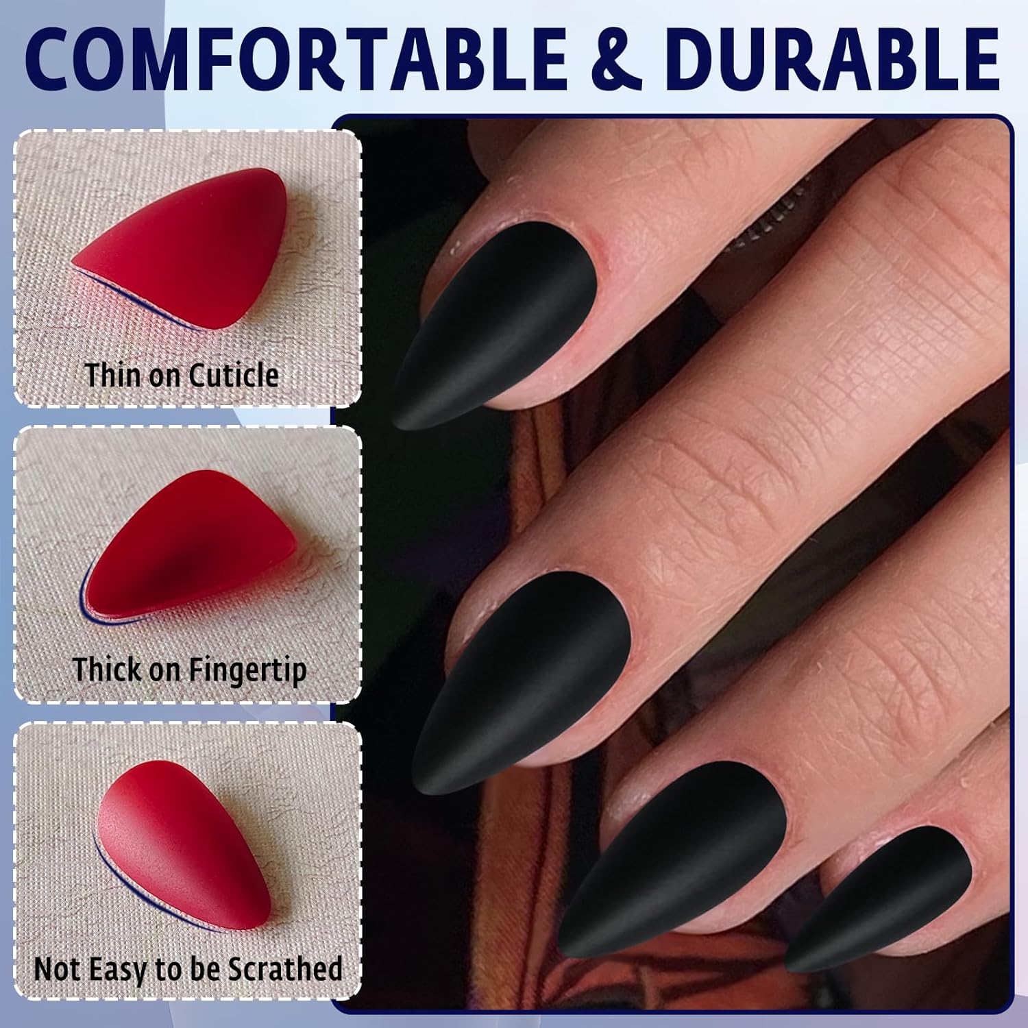 240pc Almond Matte Black Press On Fake Nails Kit for Women & Girls - Image 4