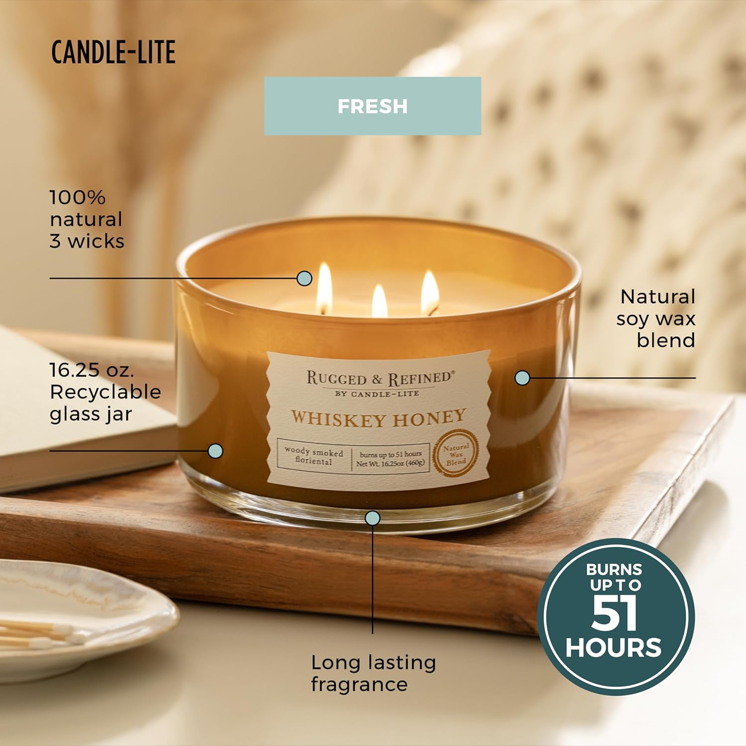 Candle-Lite Whiskey Honey Scented Candle for Men, 16.25 oz, 3-Wick, 51 Hour Burn Time - Image 3