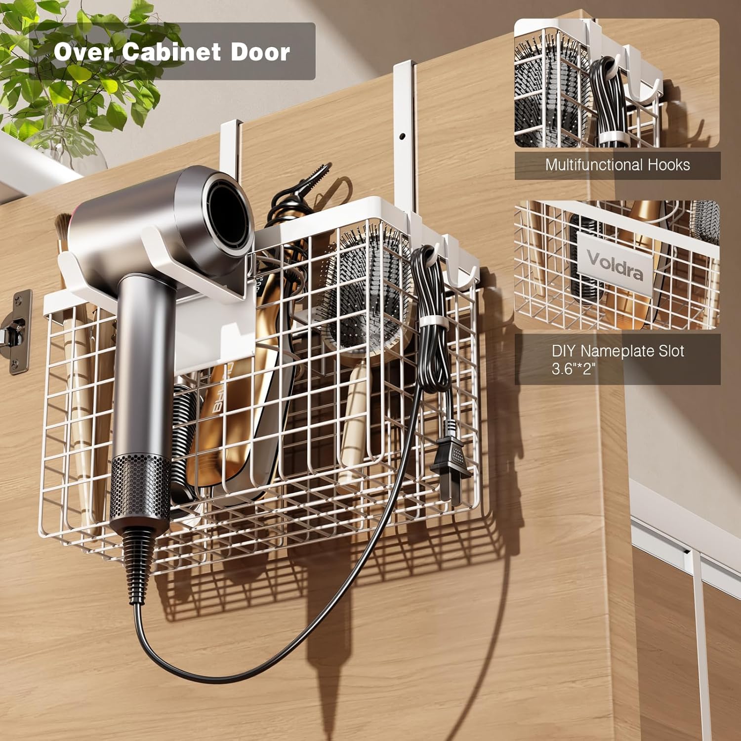 Voldra Adjustable Height Hair Dryer Holder Cabinet Door Organizer for Curling Iron and Brushes, White - Image 4